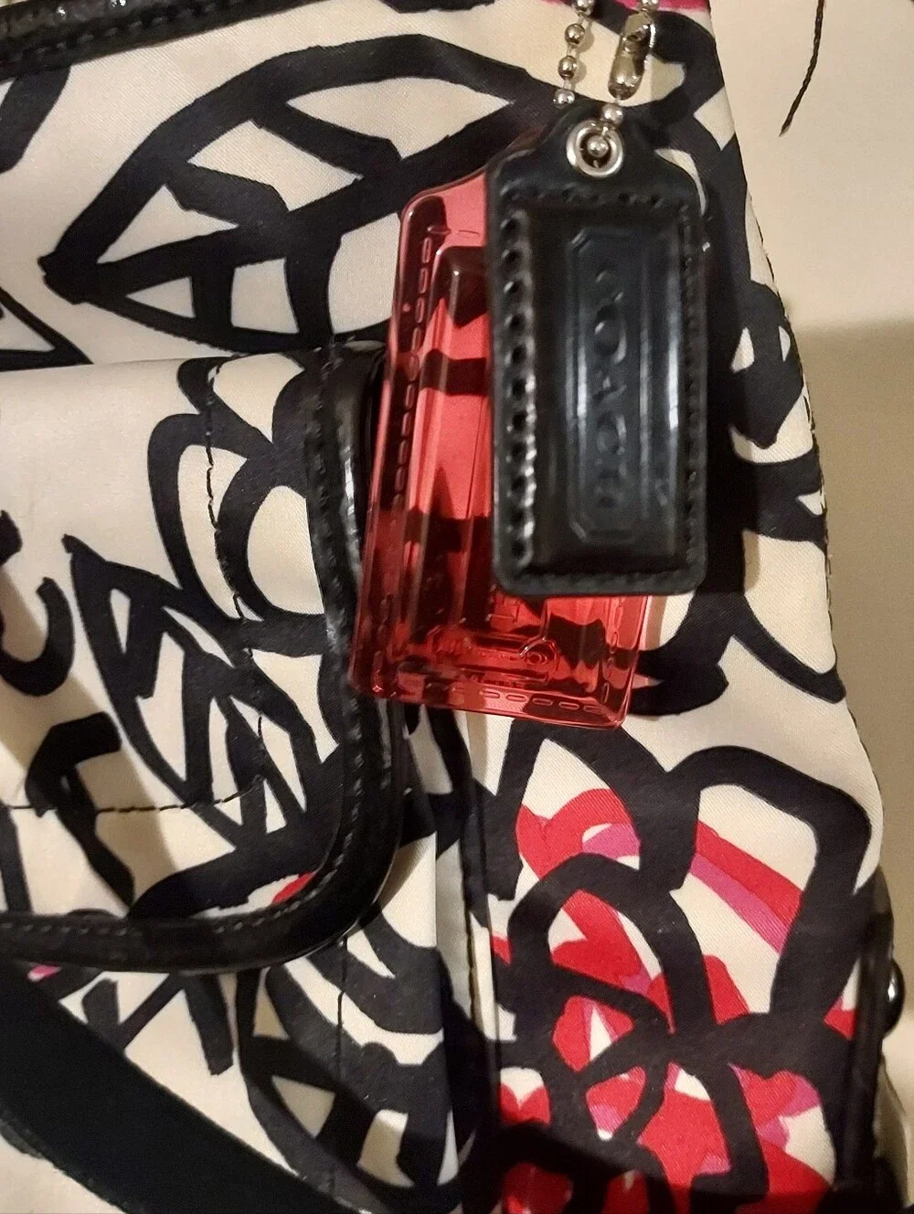 COACH White Crossbody Bag with Red Floral & Black Graphic Trim